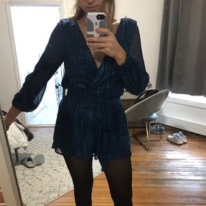 Lulu’s blue metallic surplice romper
